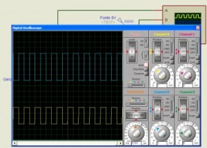 FIG 4 O osciloscópio mostra o sinal de entrada canal A de 3Vpp 1KHz Saída no canal B de 5Vpp 1KHz sinal invertido